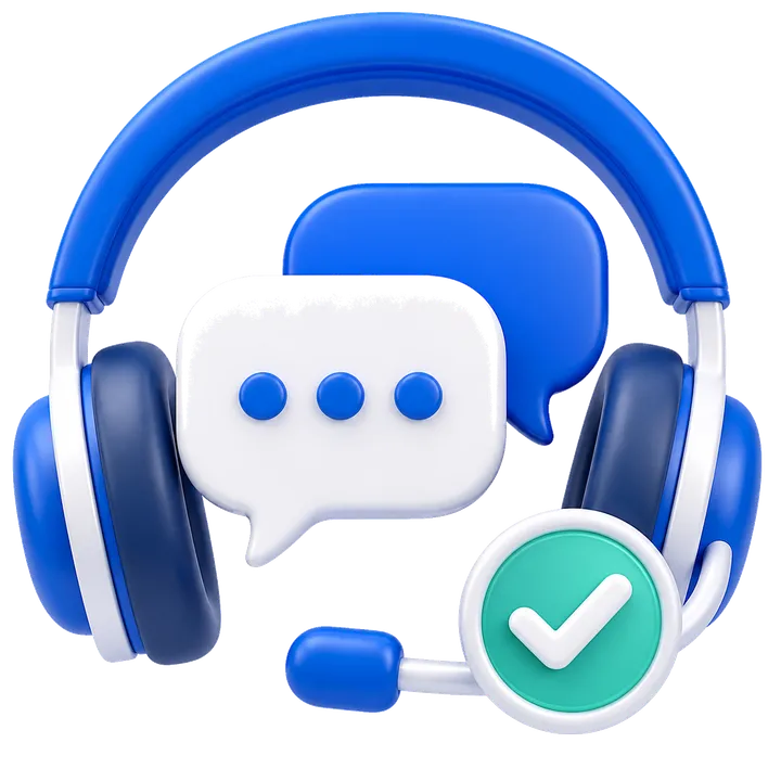 Icon: support headset with chat bubbles and a checkmark